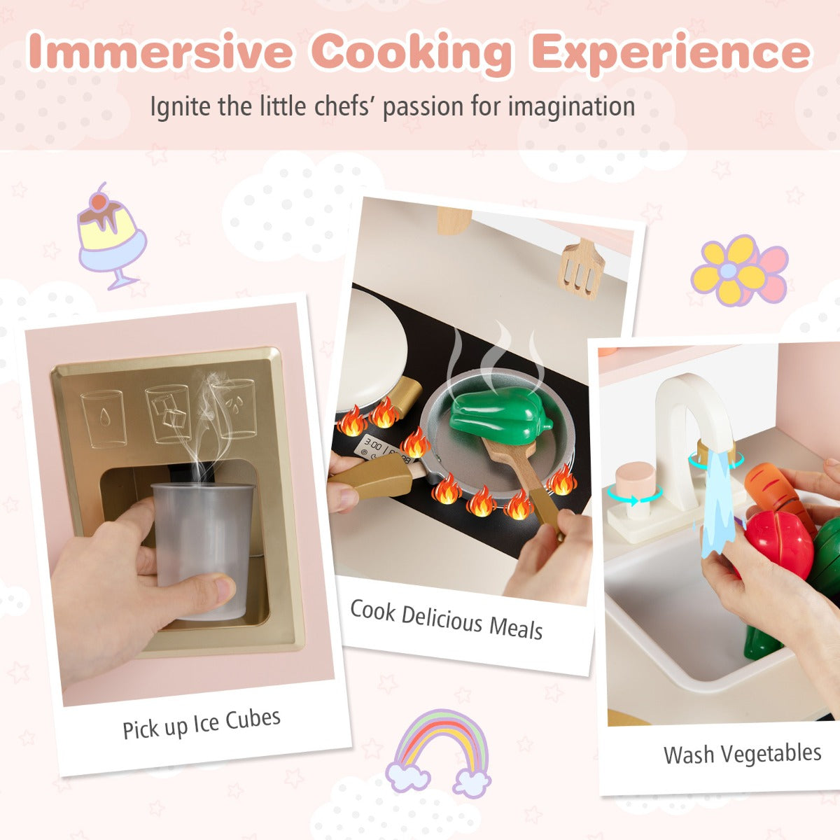 Livsk costway kinderkeuken houten speelkeuken met opbergruimte en 17 accessoires houten keuken voor kinderen vanaf 3 jaar roze