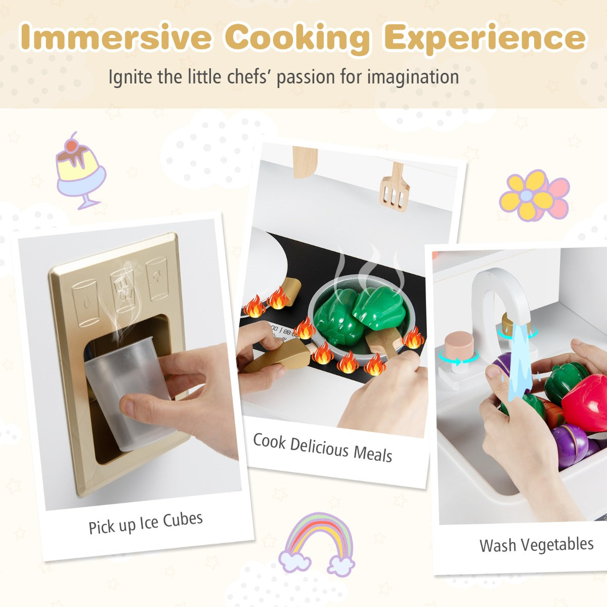 Livsk costway kinderkeuken houten speelkeuken met opbergruimte en 17 accessoires houten keuken voor kinderen vanaf 3 jaar wit