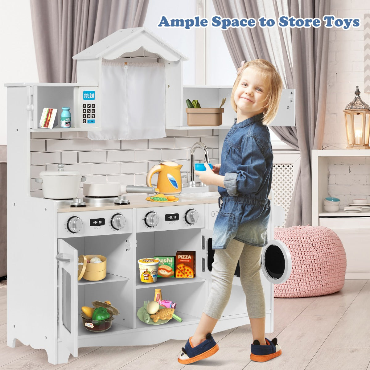 LIVSK Kinderkeuken met Wasmachine en Magnetron - Realistische Apparaten - Handige Opbergruimte - Duurzaam - 78 x 29 x 93 cm - Wit