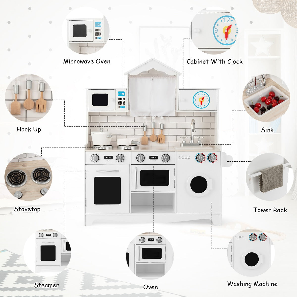 LIVSK Kinderkeuken met Wasmachine en Magnetron - Realistische Apparaten - Handige Opbergruimte - Duurzaam - 78 x 29 x 93 cm - Wit