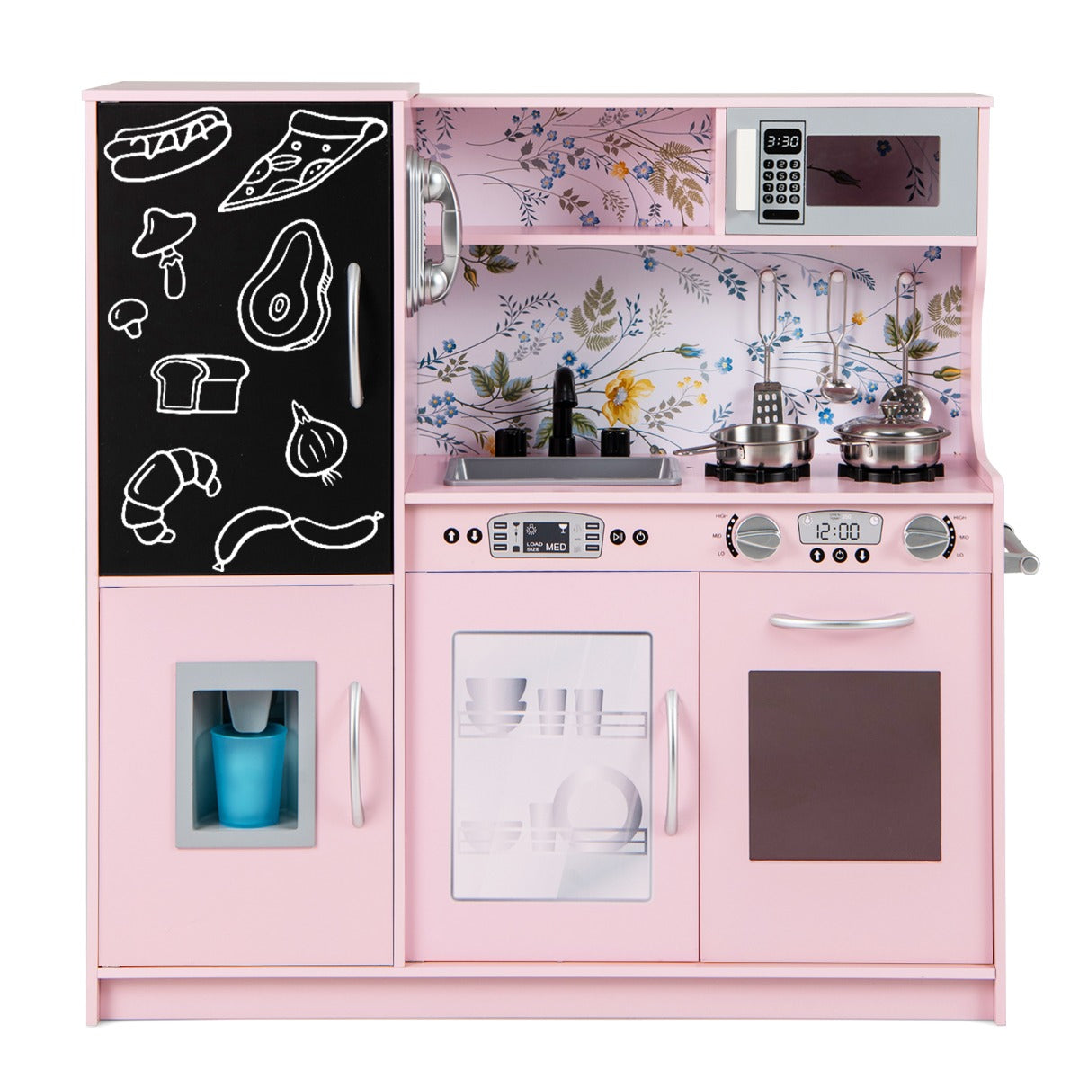 LIVSK Peuterkeukenset met 10 Accessoires - Magnetron, Vaatwasser, Geluiden - Veilig en BPA-vrij - 82 x 24 x 80 cm - Roze/Zwart