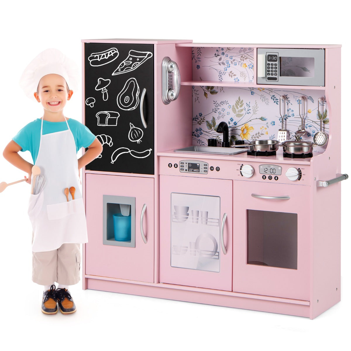 LIVSK Peuterkeukenset met 10 Accessoires - Magnetron, Vaatwasser, Geluiden - Veilig en BPA-vrij - 82 x 24 x 80 cm - Roze/Zwart