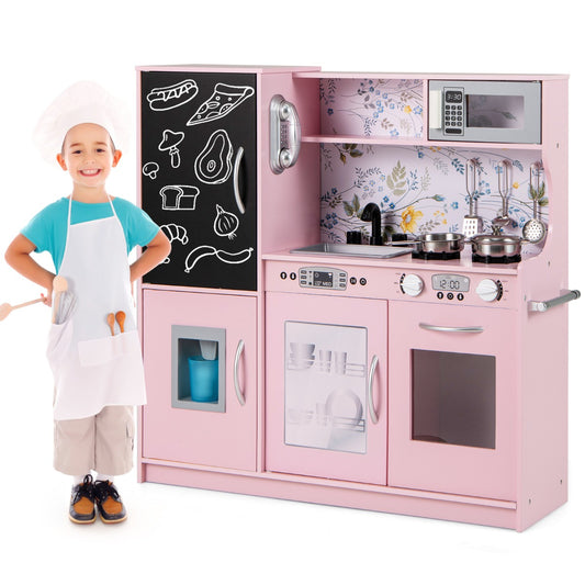 LIVSK Peuterkeukenset met 10 Accessoires - Magnetron, Vaatwasser, Geluiden - Veilig en BPA-vrij - 82 x 24 x 80 cm - Roze/Zwart