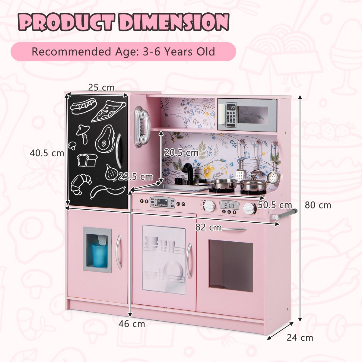 LIVSK Peuterkeukenset met 10 Accessoires - Magnetron, Vaatwasser, Geluiden - Veilig en BPA-vrij - 82 x 24 x 80 cm - Roze/Zwart
