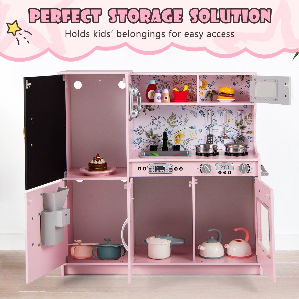 LIVSK Peuterkeukenset met 10 Accessoires - Magnetron, Vaatwasser, Geluiden - Veilig en BPA-vrij - 82 x 24 x 80 cm - Roze/Zwart