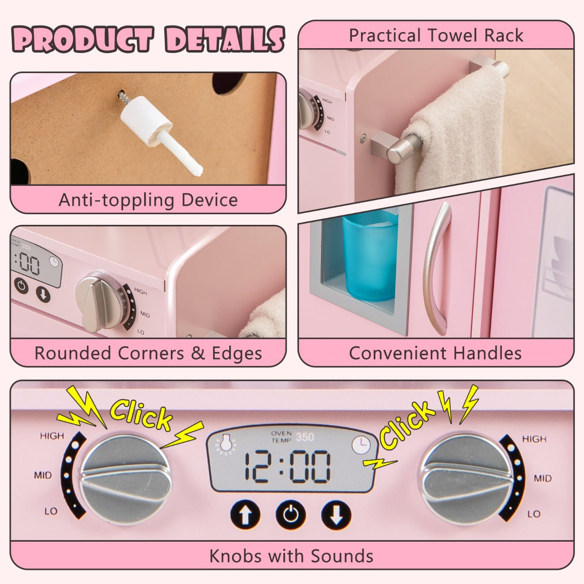 LIVSK Peuterkeukenset met 10 Accessoires - Magnetron, Vaatwasser, Geluiden - Veilig en BPA-vrij - 82 x 24 x 80 cm - Roze/Zwart