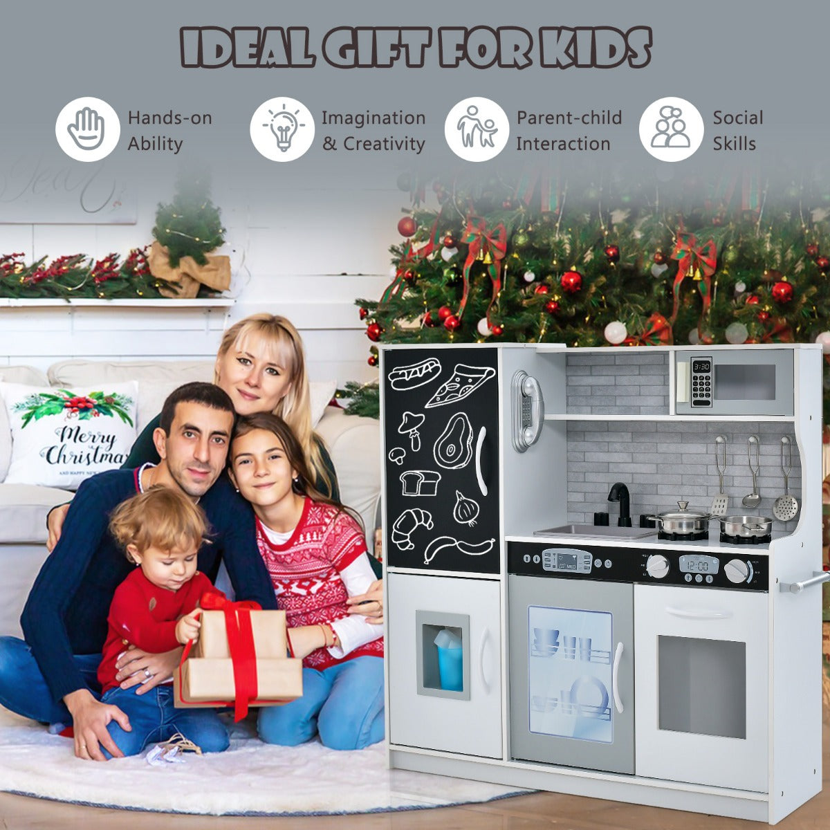 LIVSK Speelkeuken met 10 Accessoires - Magnetron, IJsmachine, Vaatwasser - Educatief en Veilig - Voor Kinderen 3-6 Jaar - Grijs