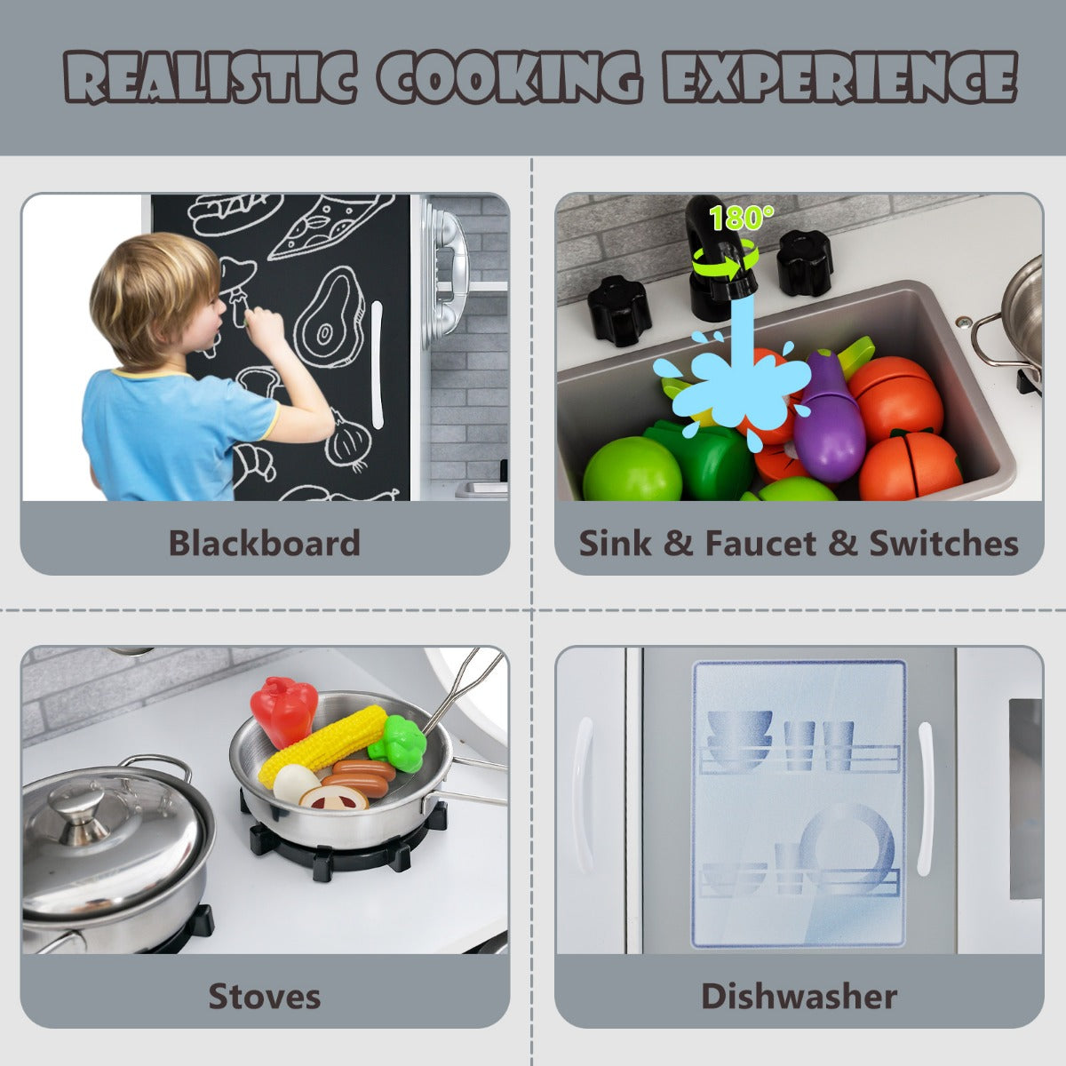 LIVSK Speelkeuken met 10 Accessoires - Magnetron, IJsmachine, Vaatwasser - Educatief en Veilig - Voor Kinderen 3-6 Jaar - Grijs