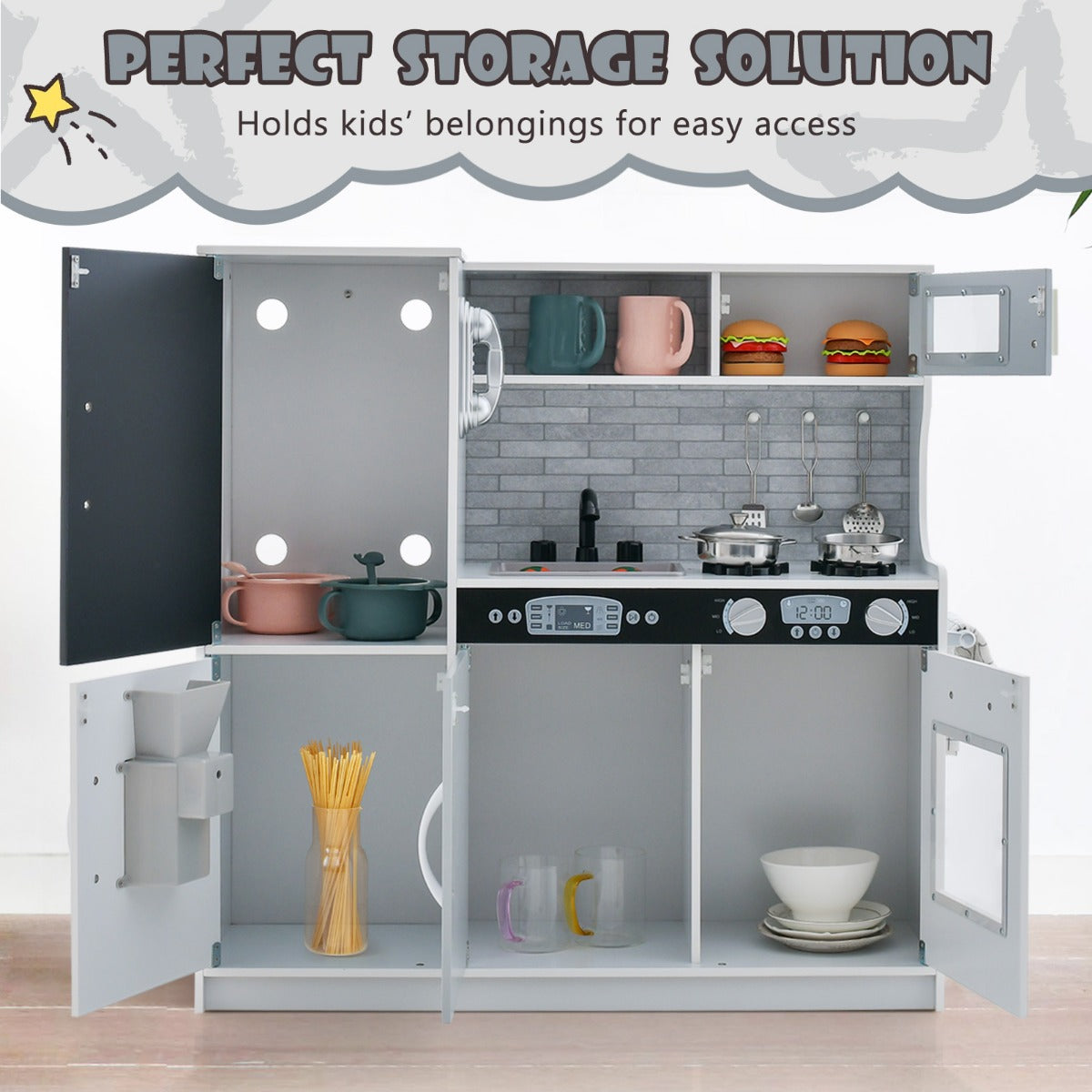 LIVSK Speelkeuken met 10 Accessoires - Magnetron, IJsmachine, Vaatwasser - Educatief en Veilig - Voor Kinderen 3-6 Jaar - Grijs