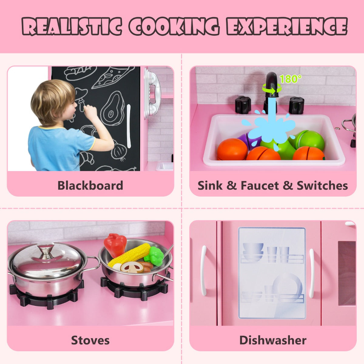 LIVSK Speelkeuken - Magnetron, Oven, Ijsmachine - Veilig Ontwerp met Opbergruimte - Voor Kinderen 3-6 jaar - Roze
