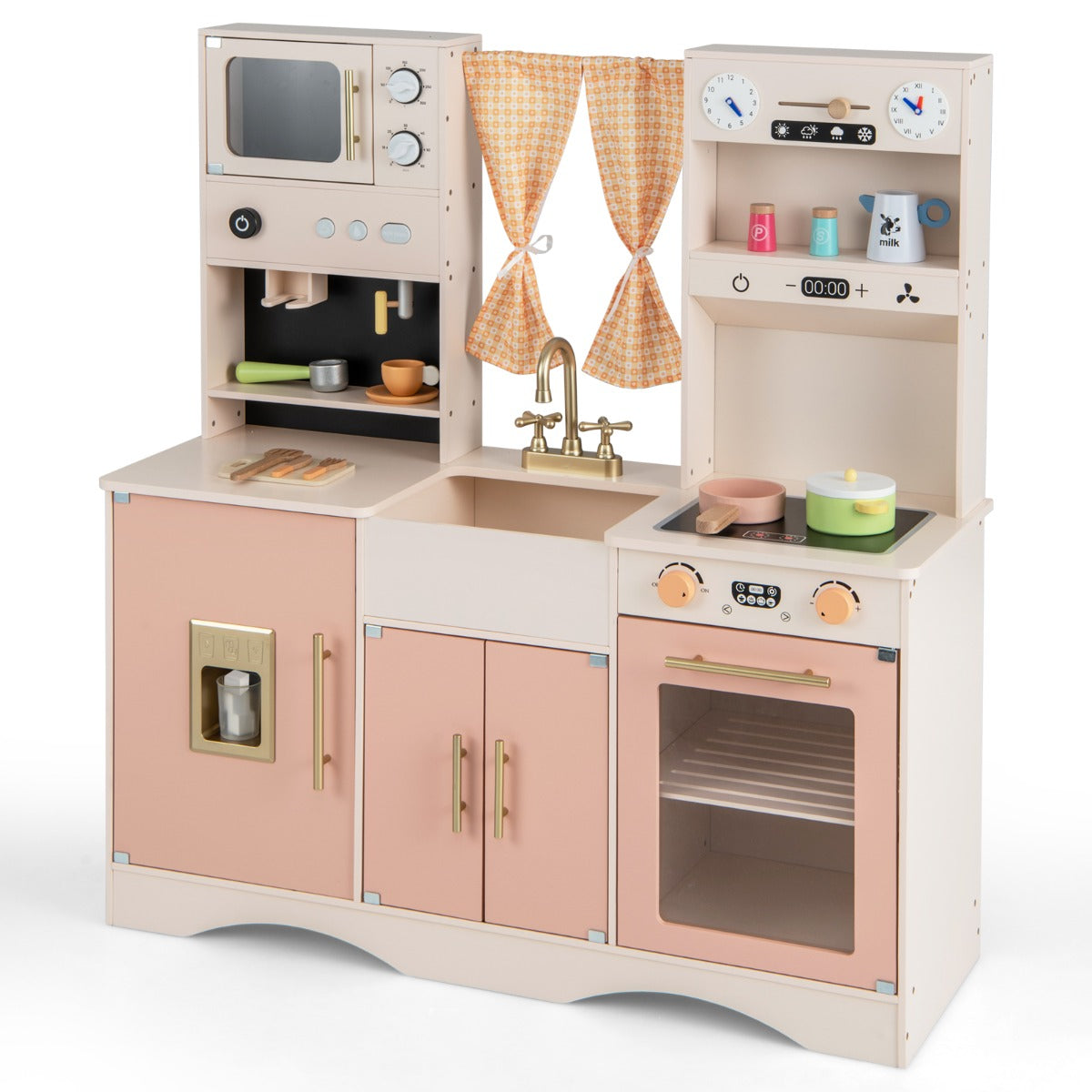 Livsk costway kinderkeuken met kookaccessoires speelkeuken hout met magnetron koffiezetapparaat ijsmachine gootsteen en oven speelgoedkeuken roze 1 1