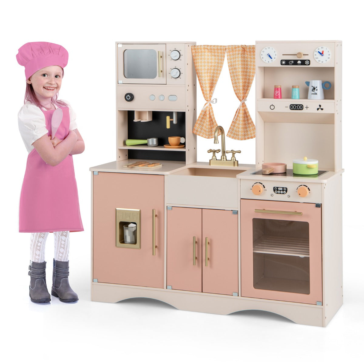 Livsk costway kinderkeuken met kookaccessoires speelkeuken hout met magnetron koffiezetapparaat ijsmachine gootsteen en oven speelgoedkeuken roze