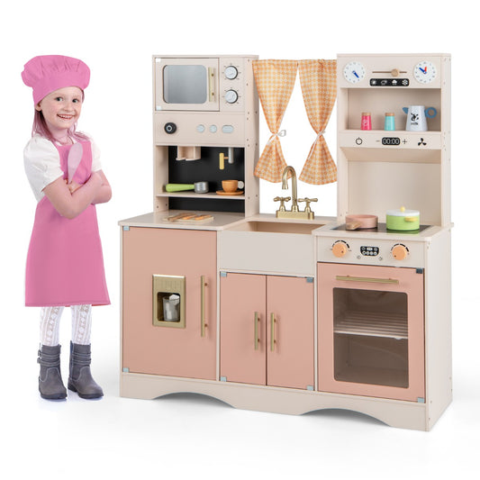 Livsk costway kinderkeuken met kookaccessoires speelkeuken hout met magnetron koffiezetapparaat ijsmachine gootsteen en oven speelgoedkeuken roze