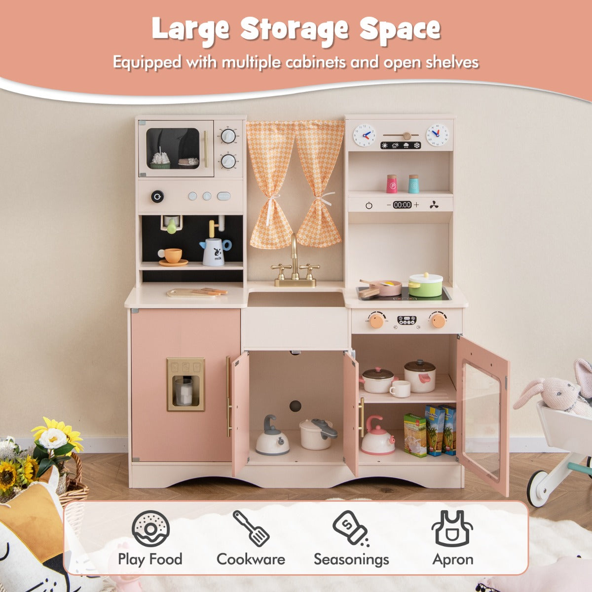 Livsk costway kinderkeuken met kookaccessoires speelkeuken hout met magnetron koffiezetapparaat ijsmachine gootsteen en oven speelgoedkeuken roze 3