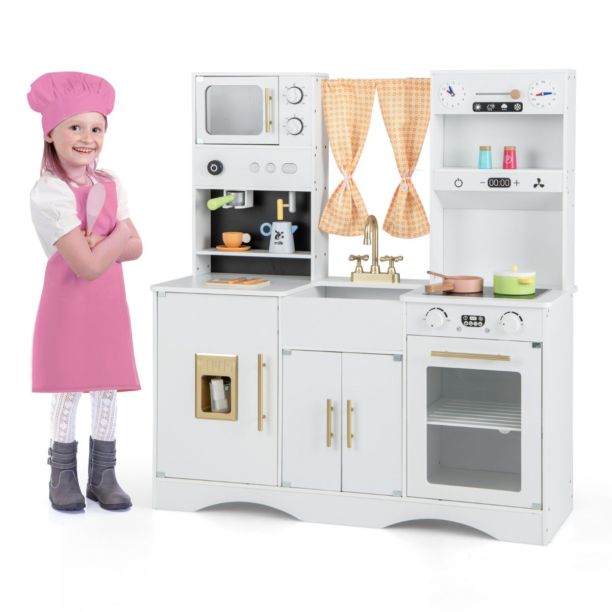 Livsk costway kinderkeuken met kookaccessoires speelkeuken hout met magnetron koffiezetapparaat ijsmachine gootsteen en oven speelgoedkeuken wit