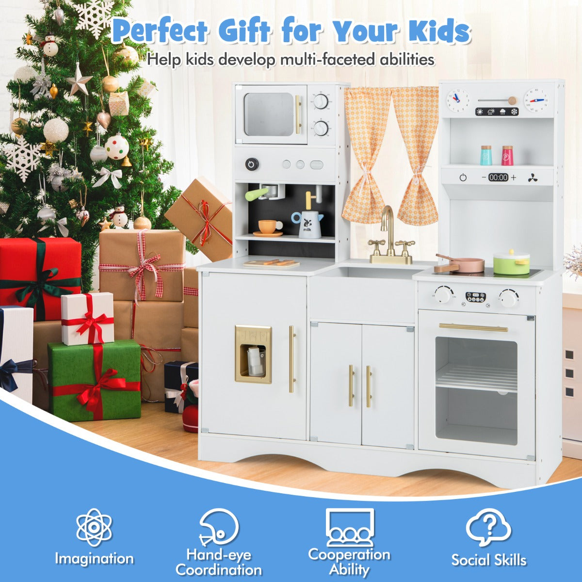 Livsk costway kinderkeuken met kookaccessoires speelkeuken hout met magnetron koffiezetapparaat ijsmachine gootsteen en oven speelgoedkeuken wit 3