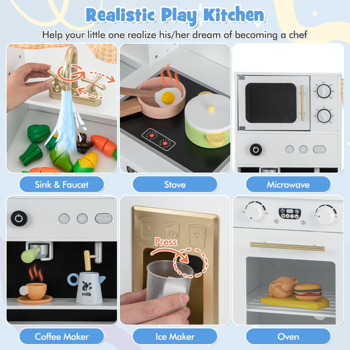 Livsk costway kinderkeuken met kookaccessoires speelkeuken hout met magnetron koffiezetapparaat ijsmachine gootsteen en oven speelgoedkeuken wit 6
