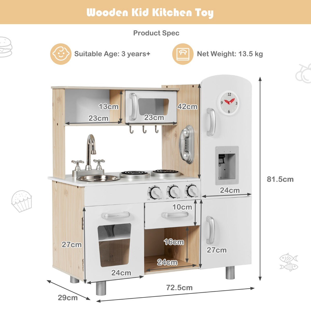 LIVSK Realistische Kinderkeuken - Fornuis, Gootsteen, Koelkast - Educatief Speelgoed met Accessoires - Voor Kinderen - Wit