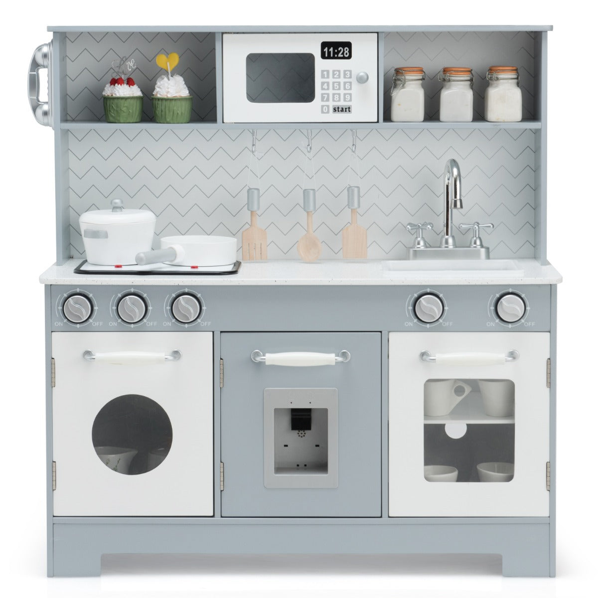 LIVSK Speelkeuken met Magnetron en Speeltoebehoren - Realistische Lichten en Geluiden - Duurzaam MDF - Voor Kinderen 3+ - Wit en
