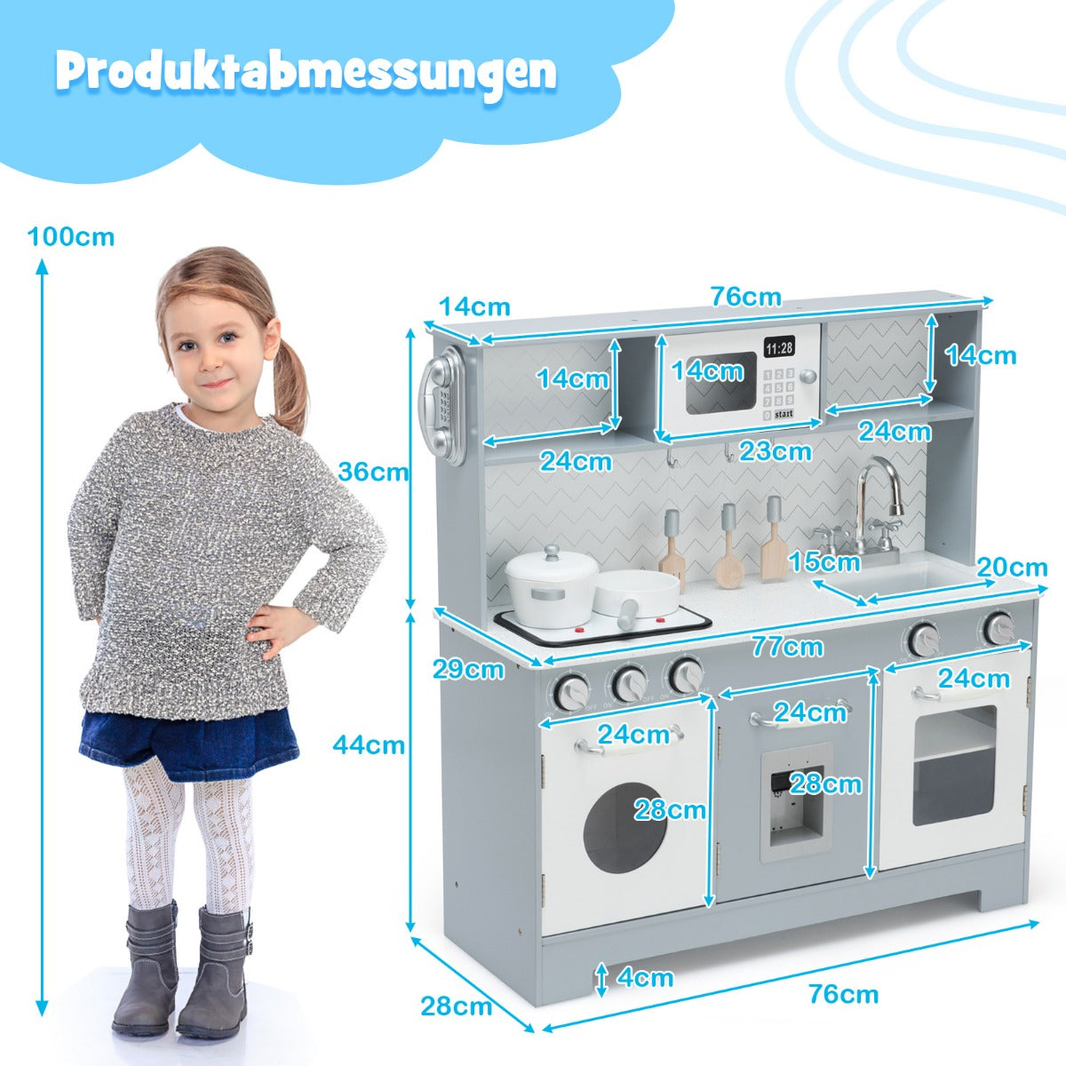 LIVSK Speelkeuken met Magnetron en Speeltoebehoren - Realistische Lichten en Geluiden - Duurzaam MDF - Voor Kinderen 3+ - Wit en