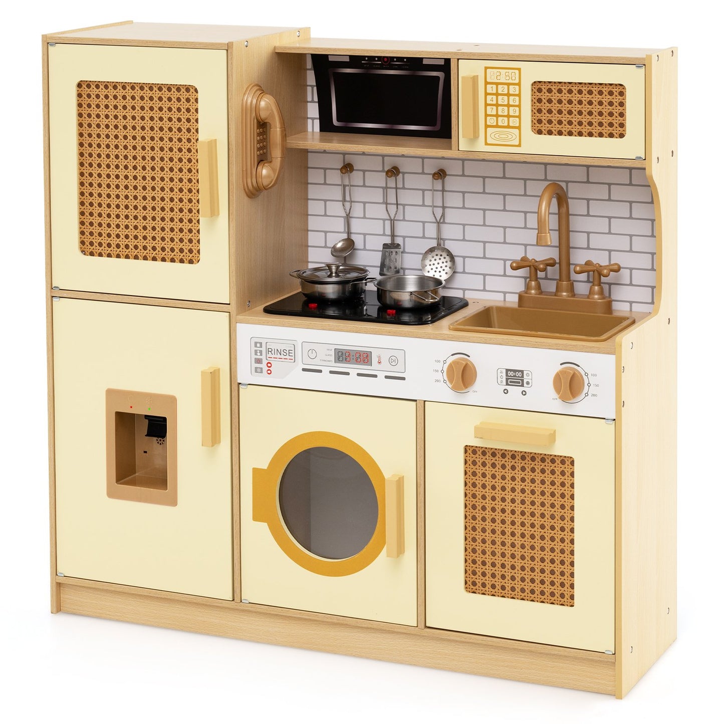 LIVSK Houten Speelkeuken met Rieten Deuren - Koelkast, Magnetron & Oven - Geluid- en Lichteffecten - Inclusief Kookaccessoires -