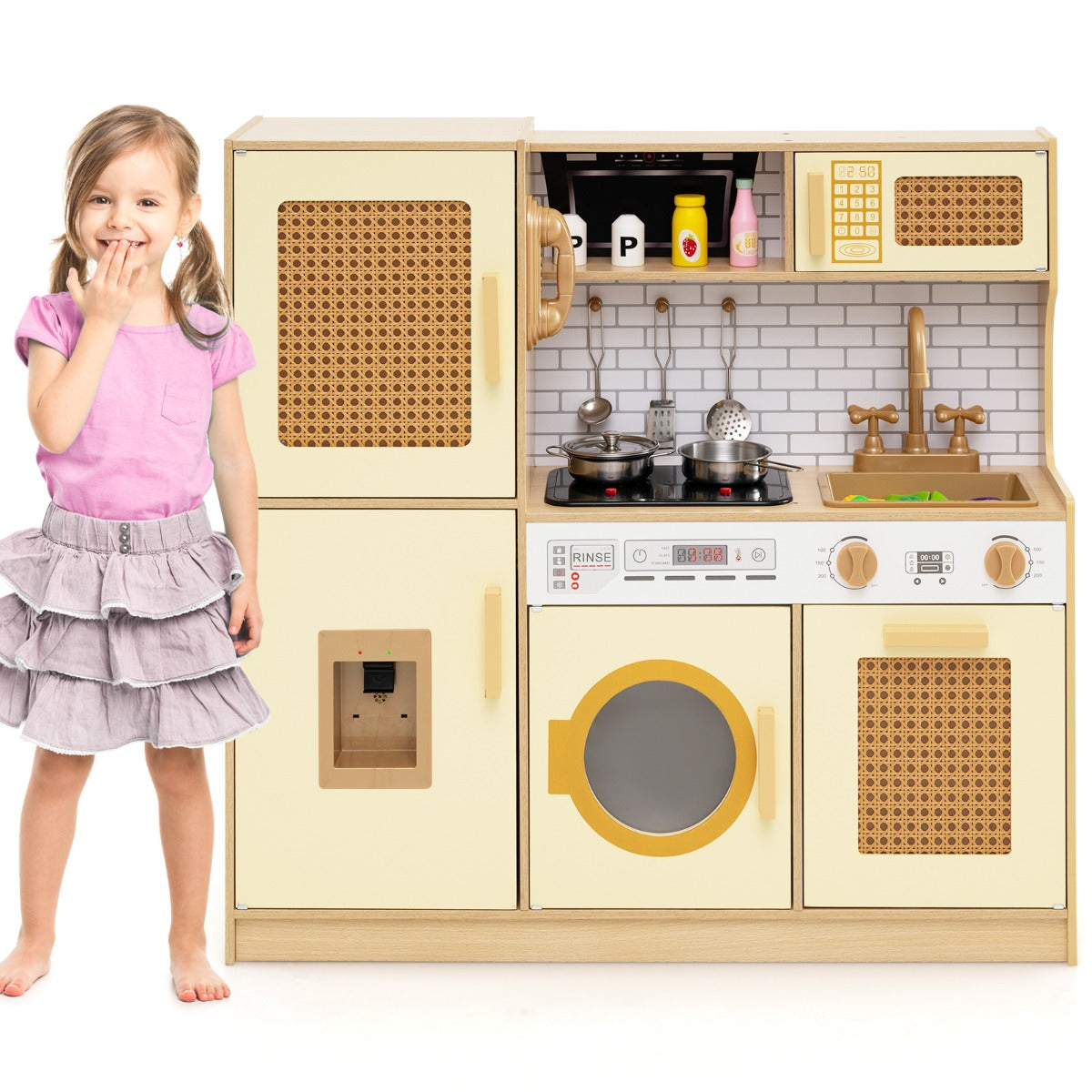 LIVSK Houten Speelkeuken met Rieten Deuren - Koelkast, Magnetron & Oven - Geluid- en Lichteffecten - Inclusief Kookaccessoires -