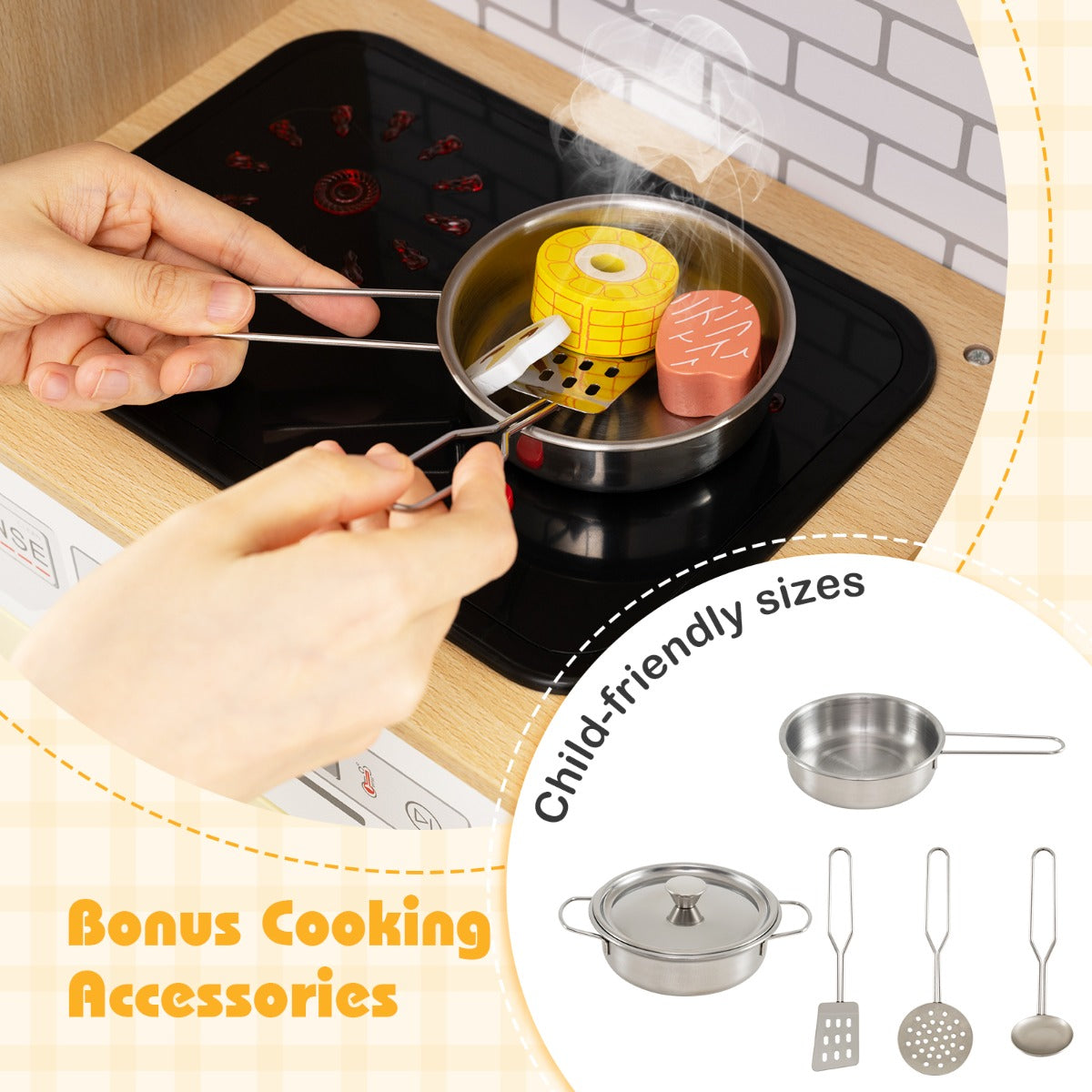 LIVSK Houten Speelkeuken met Rieten Deuren - Koelkast, Magnetron & Oven - Geluid- en Lichteffecten - Inclusief Kookaccessoires -