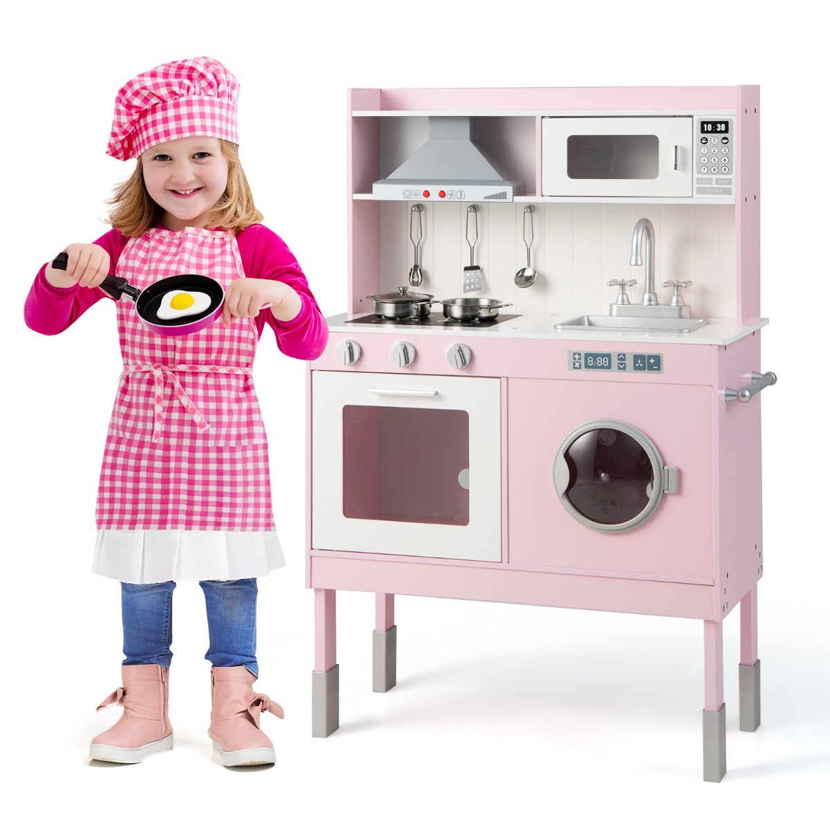 LIVSK Kinderspeelkeuken - Hoogwaardige Materialen - Verstelbare Hoogte - Afzuigkap met Geluid - Inclusief Keukengerei - Roze