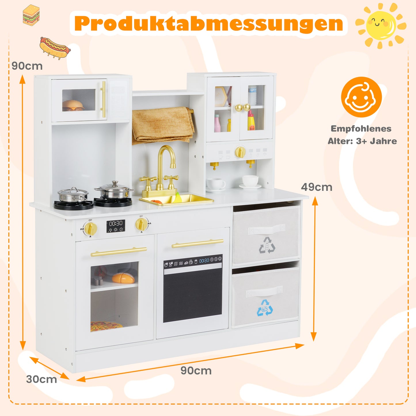 LIVSK Houten Speelkeuken - Met Licht en Geluid - Inclusief Magnetron en Vaatwasser - Opruimruimte - 91 x 30 x 90 cm - Wit