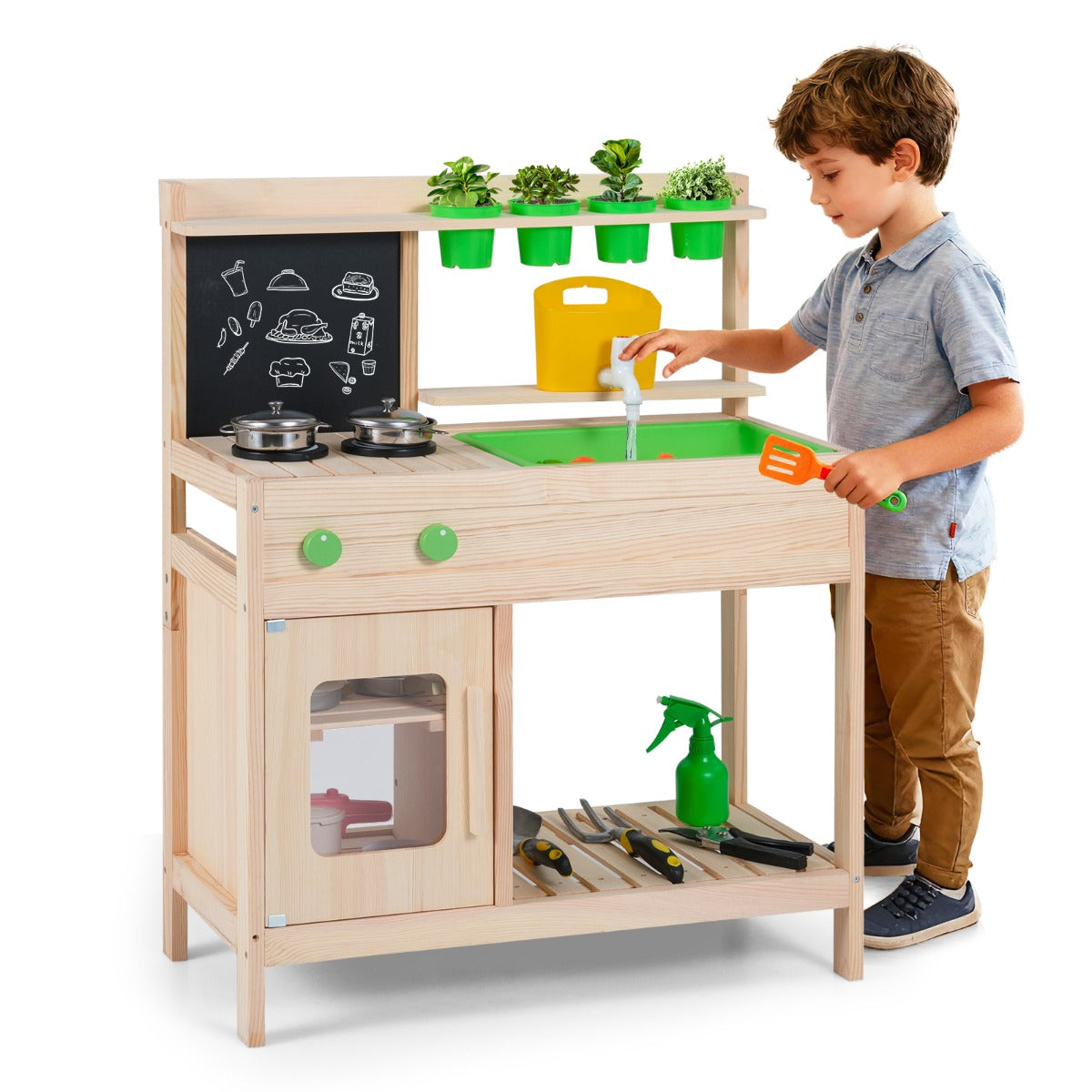 Livsk costway kinderkeuken van modder imitatiekeuken met schoolbord houten buitenspeelgoed