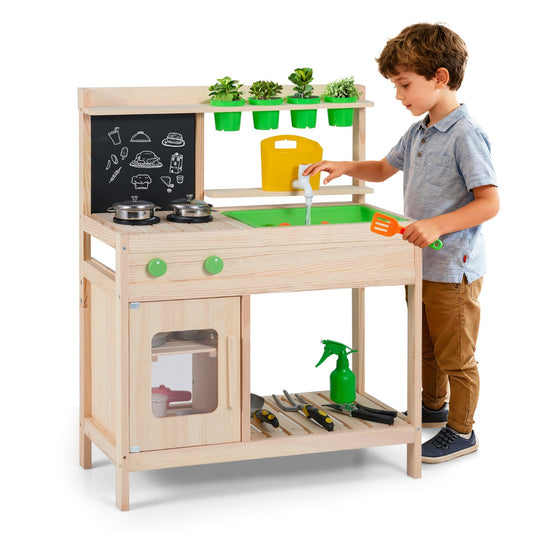 Livsk costway kinderkeuken van modder imitatiekeuken met schoolbord houten buitenspeelgoed