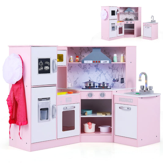 Livsk costway kinderkeuken voor kinderen 3 hout speelkeuken met licht en geluid houten keuken hoek met bord incl accessoires roze