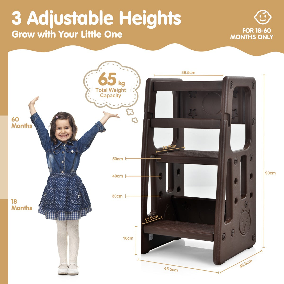 LIVSK Peuterstapkruk - Verstelbare Hoogtes - Dubbele Veiligheidsrails - Antislip - Tot 90 kg - 46,5 x 46,5 x 90 cm - Bruin