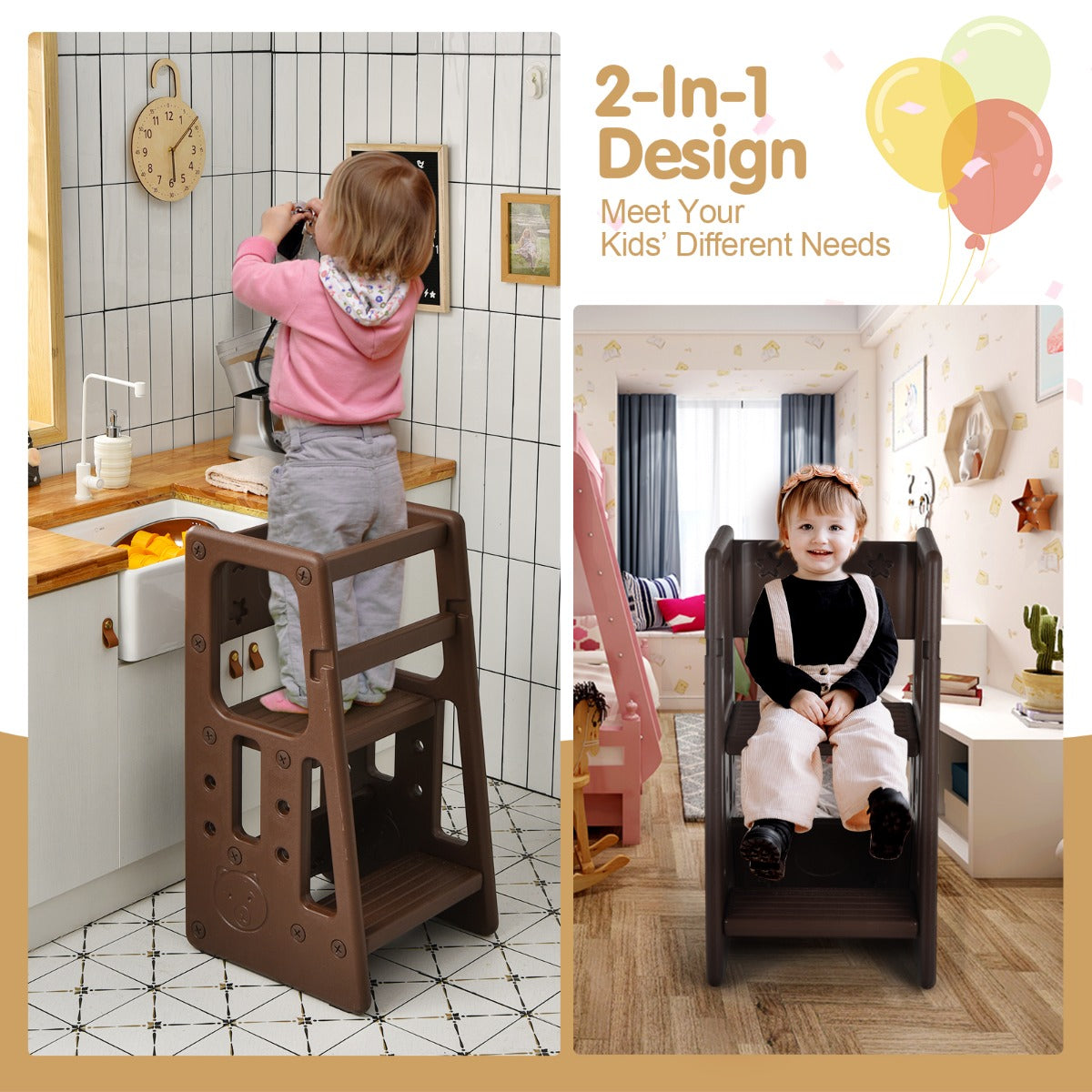 LIVSK Peuterstapkruk - Verstelbare Hoogtes - Dubbele Veiligheidsrails - Antislip - Tot 90 kg - 46,5 x 46,5 x 90 cm - Bruin