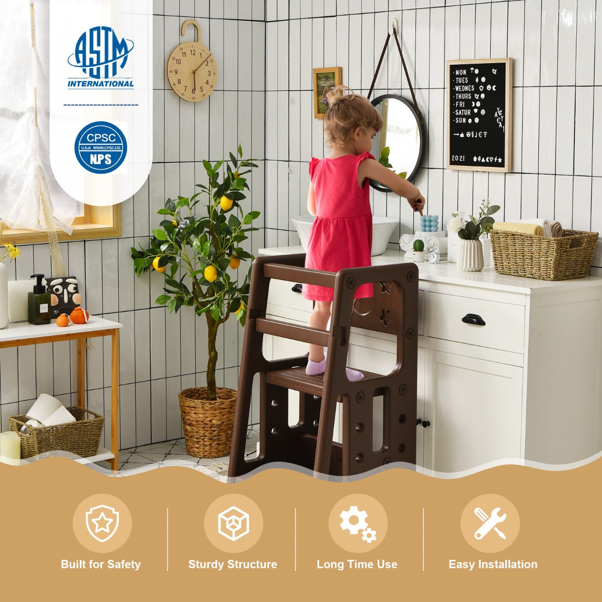 LIVSK Peuterstapkruk - Verstelbare Hoogtes - Dubbele Veiligheidsrails - Antislip - Tot 90 kg - 46,5 x 46,5 x 90 cm - Bruin