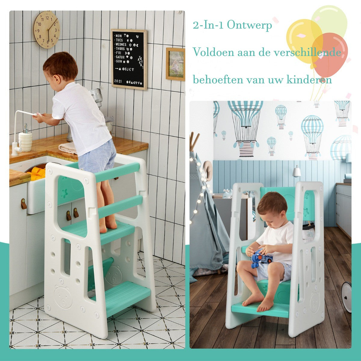 LIVSK Kinderkeuken Opstapkrukje - Verstelbare Hoogtes - Dubbele Veiligheidsrails - Antislip Treden - Voor Kinderen - Groen