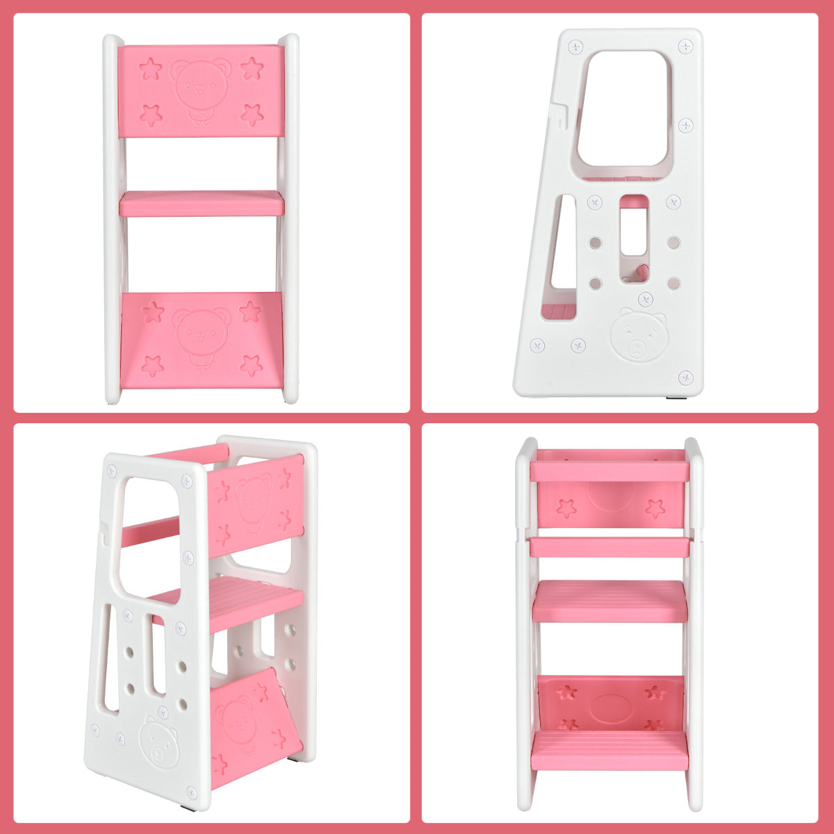 LIVSK Kinderkeukenkruk - Verstelbaar in 3 Hoogtes - Antislip - Veiligheidsleuningen - Draagvermogen 90 kg - Roze