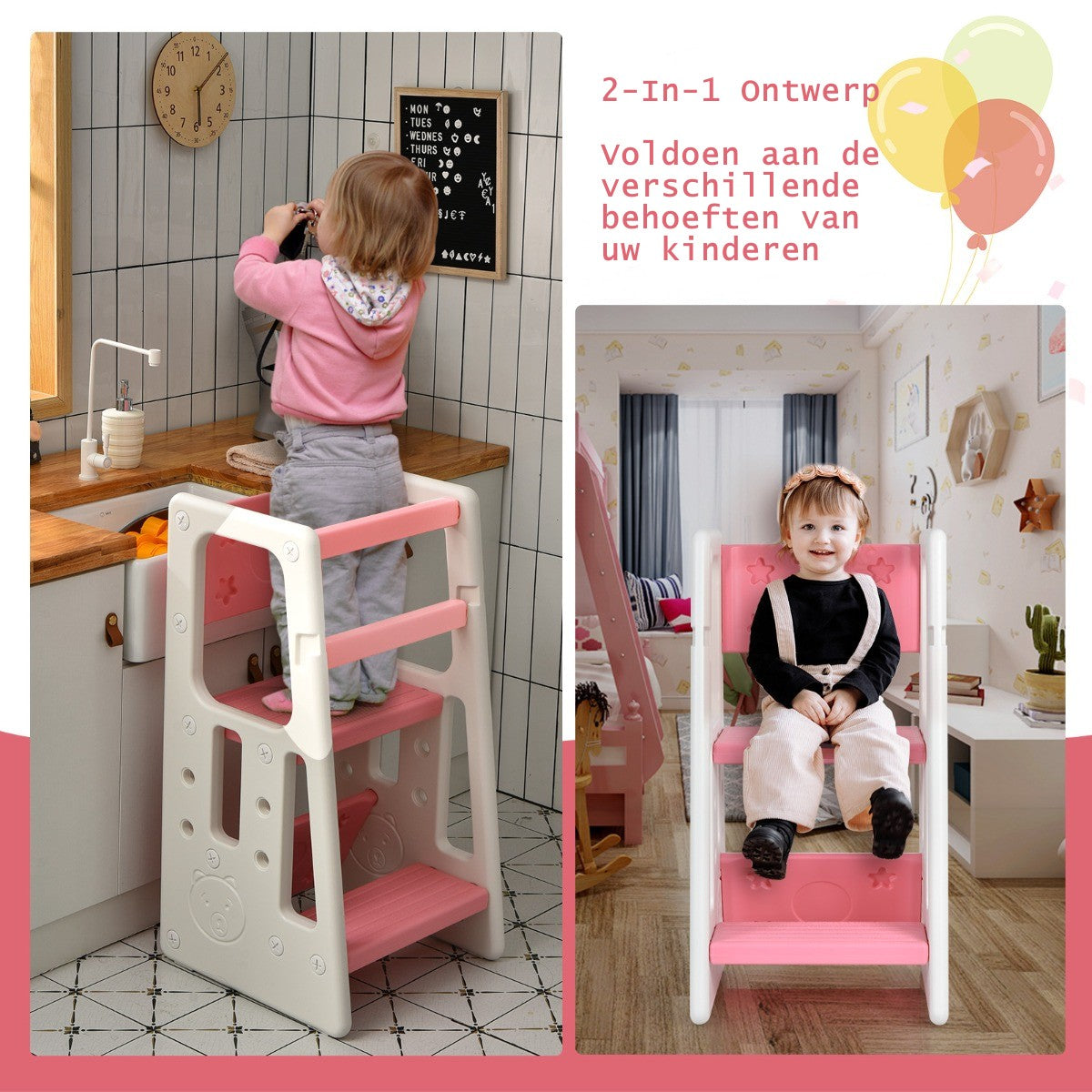LIVSK Kinderkeukenkruk - Verstelbaar in 3 Hoogtes - Antislip - Veiligheidsleuningen - Draagvermogen 90 kg - Roze