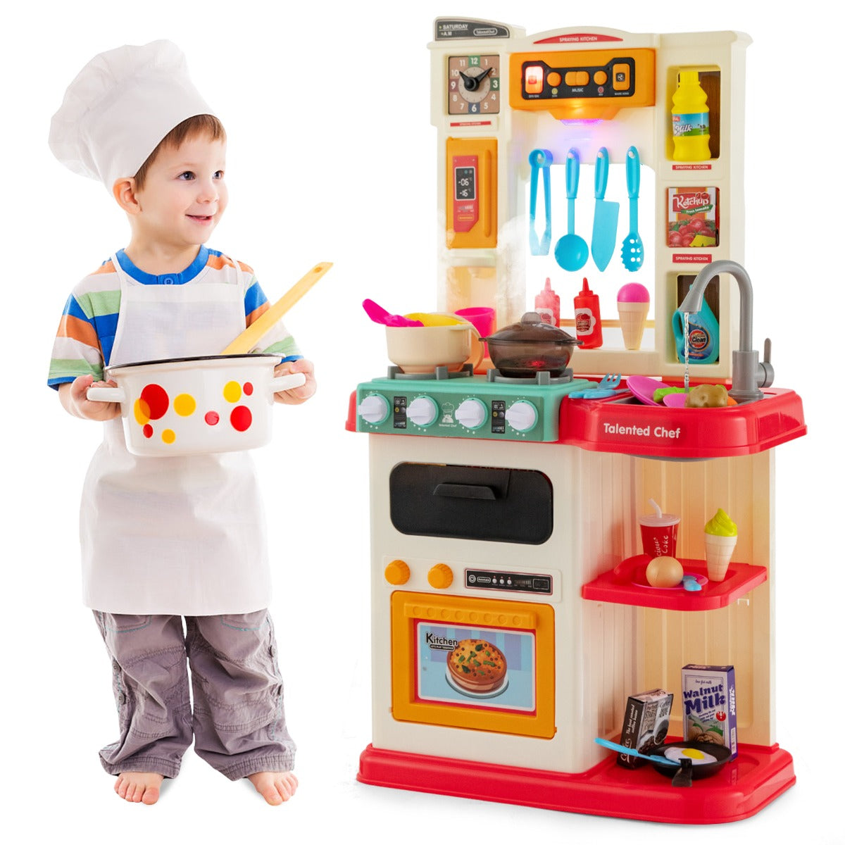 LIVSK Kinderkeukenset - 65 Accessoires - Realistische Kookgeluiden en Licht - Stromend Water - Educatief Speelgoed - Meerdere