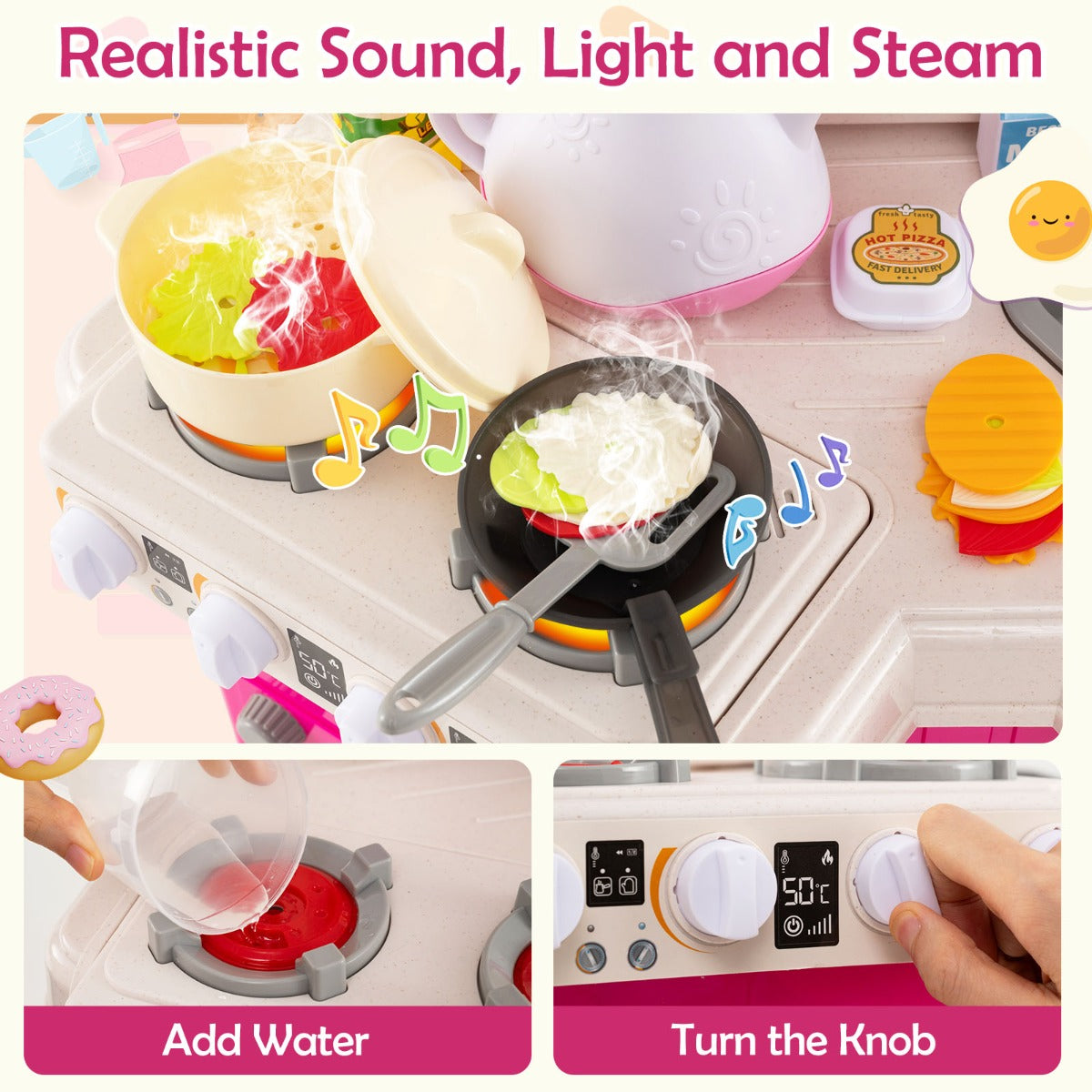LIVSK Hoekkeuken voor Kinderen - Met Licht en Geluid - 75 Accessoires - Watercirculatiefunctie - Creatief Spel - Blauw/Roze