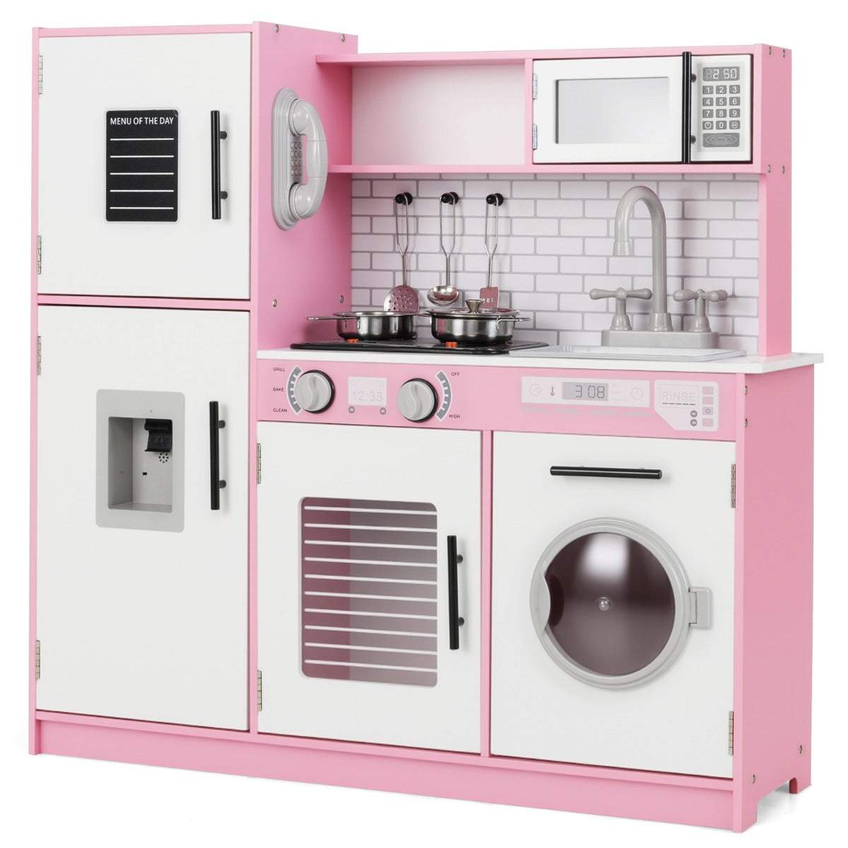 LIVSK Kinderspeelkeuken met Waterdispenser en Realistische Apparaten - Inclusief Magnetron en Wasmachine - Wit + Zwart + Goud