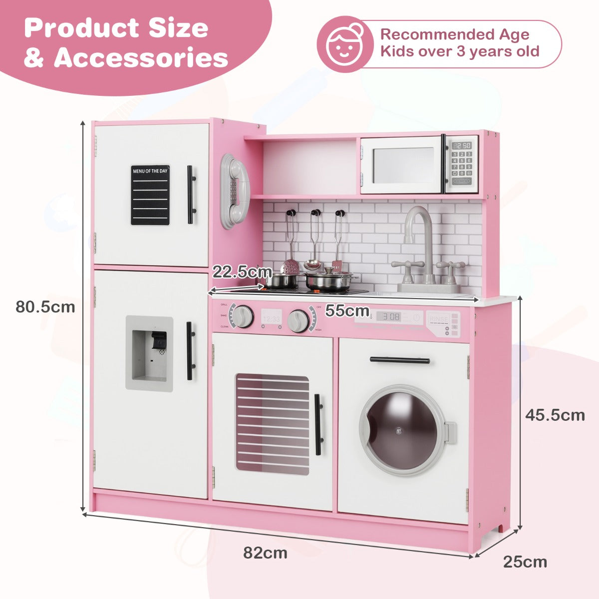 LIVSK Kinderspeelkeuken met Waterdispenser en Realistische Apparaten - Inclusief Magnetron en Wasmachine - Wit + Zwart + Goud