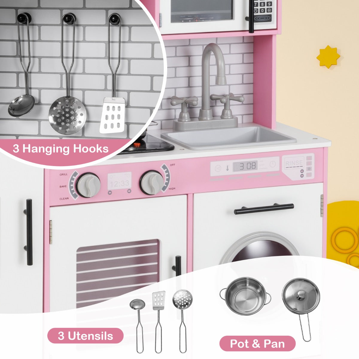 LIVSK Kinderspeelkeuken met Waterdispenser en Realistische Apparaten - Inclusief Magnetron en Wasmachine - Wit + Zwart + Goud