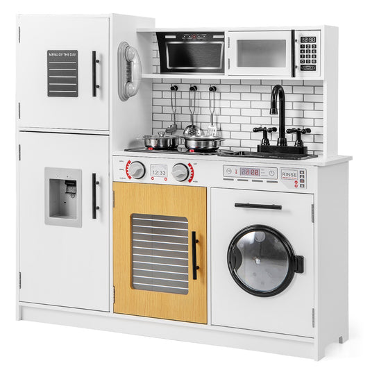 LIVSK Kinderkeukenset - Verlicht Fornuis - Waterdispenser - Magnetron - Inclusief Keukengerei - Educatief Speelgoed - Wit + Zwart