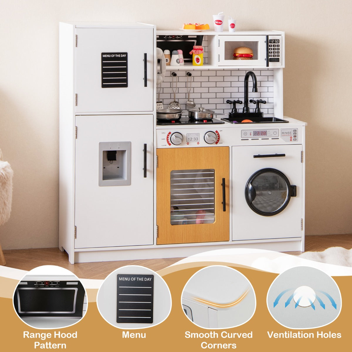 LIVSK Kinderkeukenset - Verlicht Fornuis - Waterdispenser - Magnetron - Inclusief Keukengerei - Educatief Speelgoed - Wit + Zwart