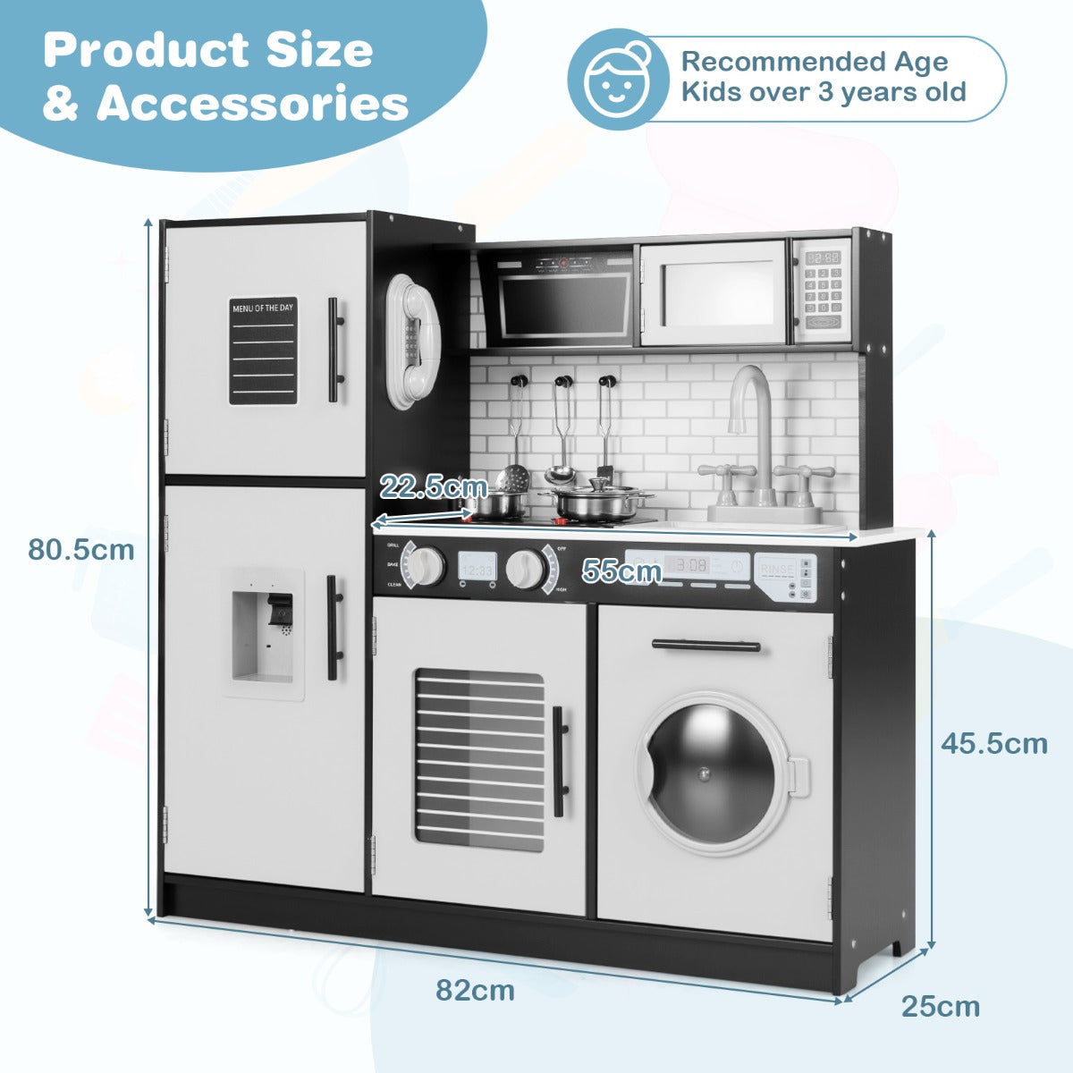 LIVSK Kinderkeukenset met Oven en Magnetron - Verlicht Fornuis met Interactieve Knoppen - Inclusief Waterdispenser - Zwart