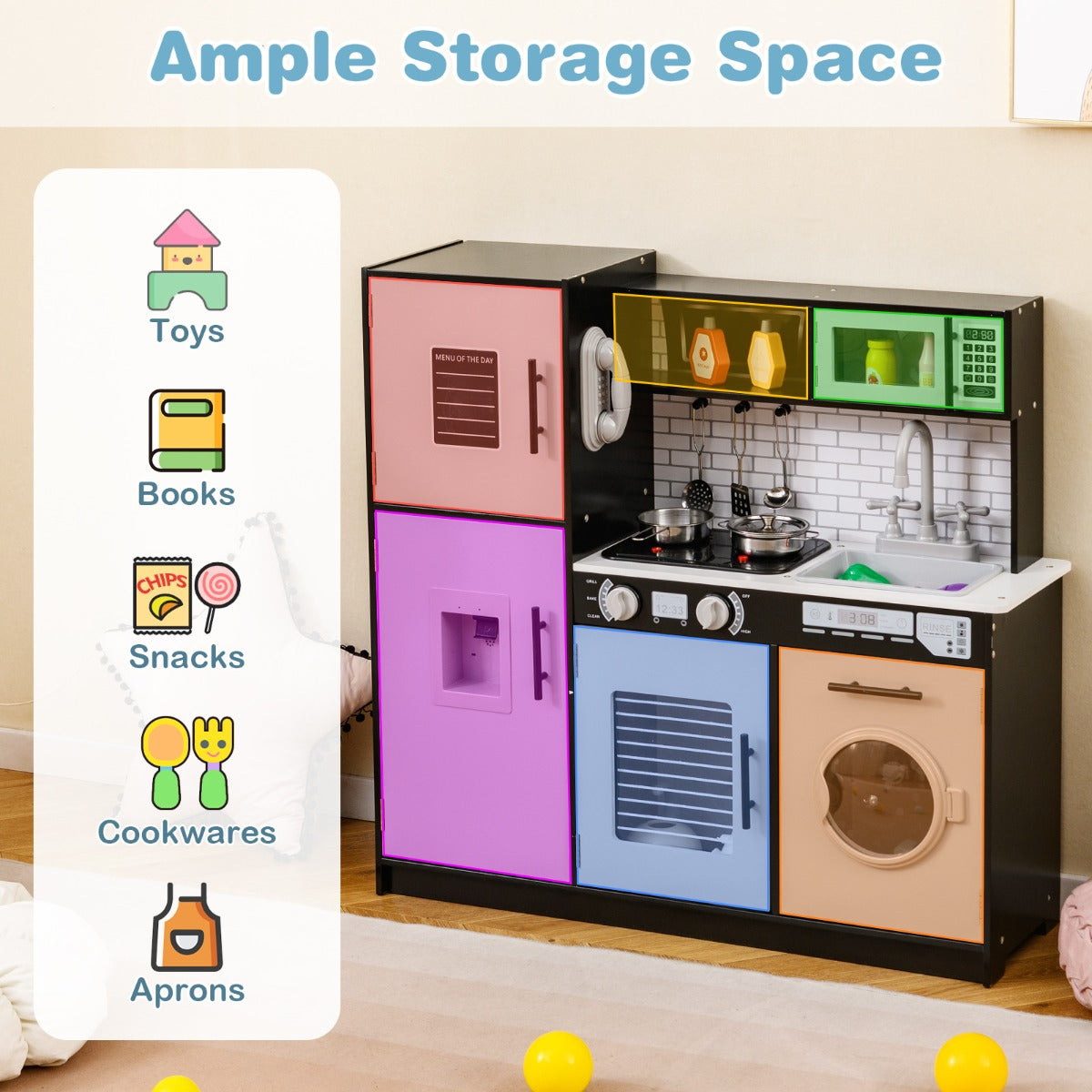 LIVSK Kinderkeukenset met Oven en Magnetron - Verlicht Fornuis met Interactieve Knoppen - Inclusief Waterdispenser - Zwart