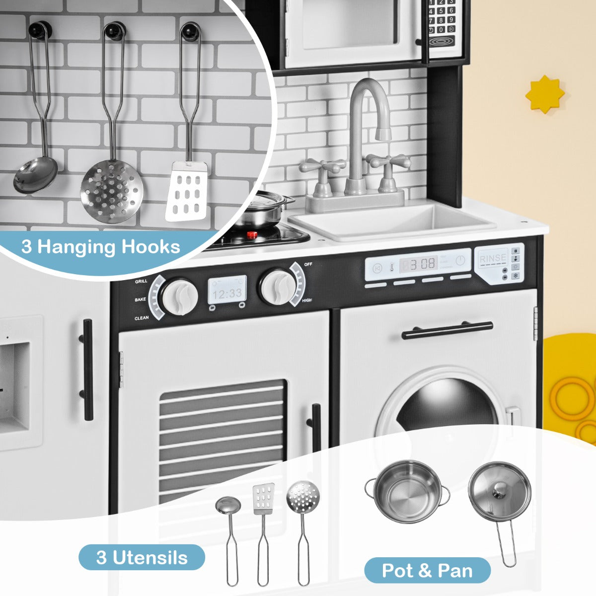 LIVSK Kinderkeukenset met Oven en Magnetron - Verlicht Fornuis met Interactieve Knoppen - Inclusief Waterdispenser - Zwart