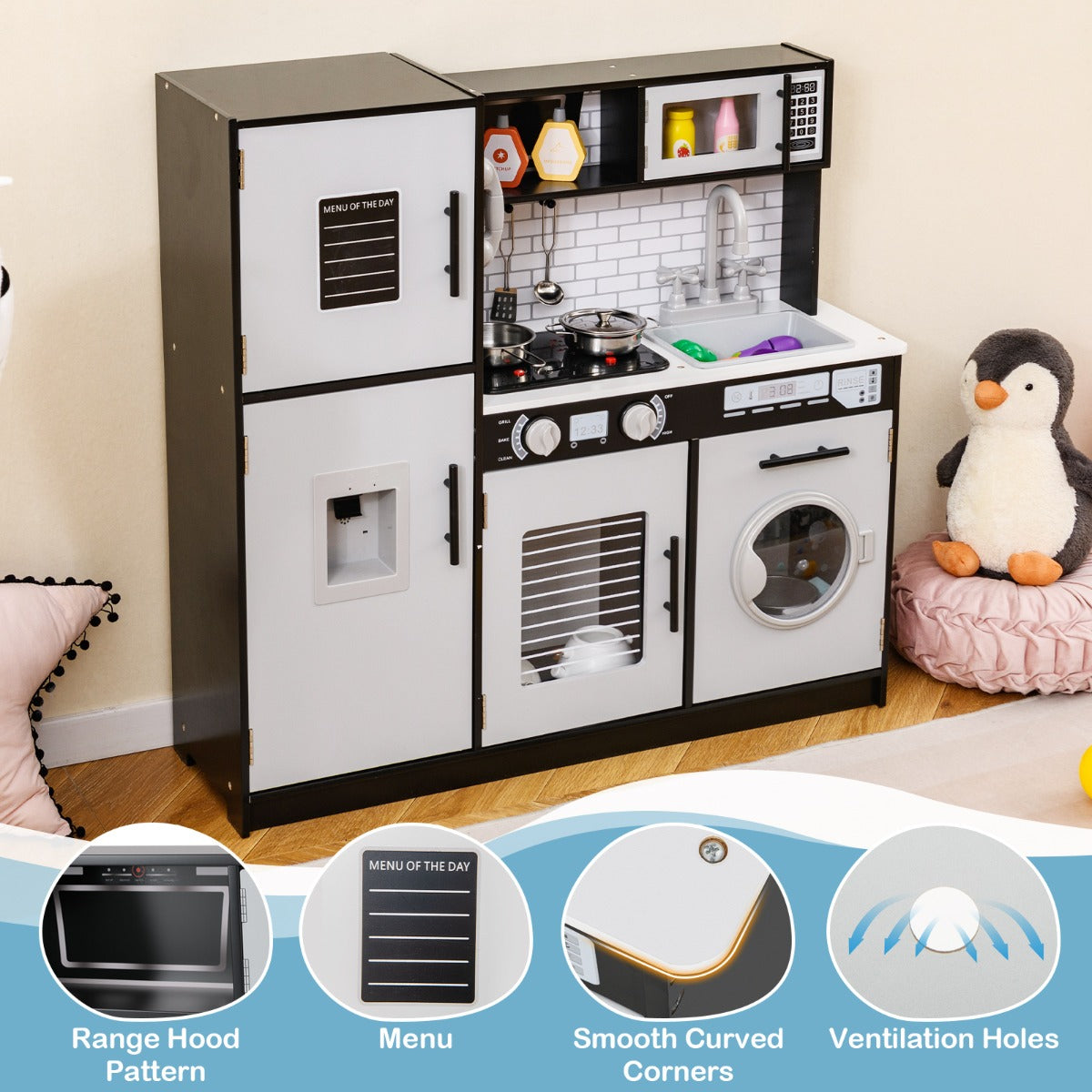 LIVSK Kinderkeukenset met Oven en Magnetron - Verlicht Fornuis met Interactieve Knoppen - Inclusief Waterdispenser - Zwart