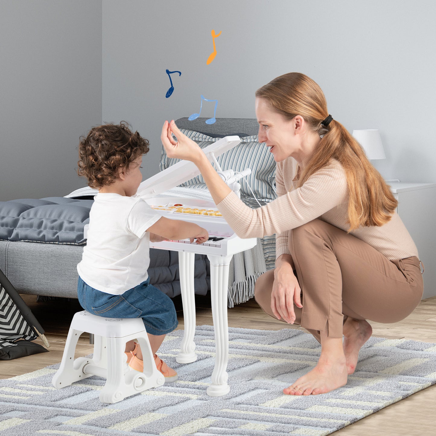 LIVSK Elektronische Kinderkeyboard - 37 Toetsen - Inclusief Kruk en Microfoon - Opnamefunctie - LED-leermodi - Wit
